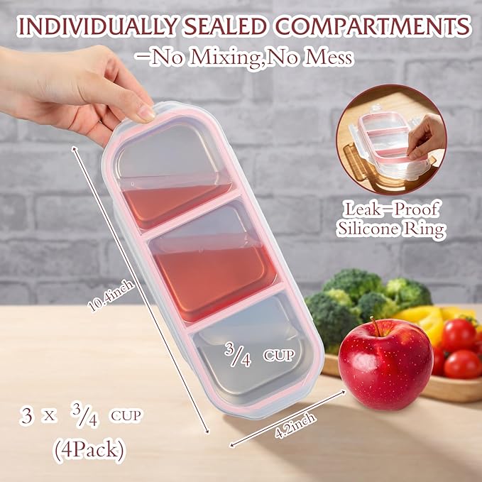 FoldTier 4 Pack Stainless Steel Snack Container for Adults 3-compartment Leak-proof Lunch Box for Work, Travel 10.6 x 4.1 x 2 Inch Stackable Reusable Metal Bento Box(Pink)