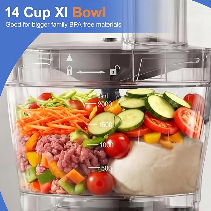 7-in-1 Professional Food Processor, 1000W Powerful Electric Vegetable Chopper, 14-Cup XL Bowl, Large Feed Chute, Cheese Shredding, Meat Chopping, Shredding and Slicing, Mixing and Doughing