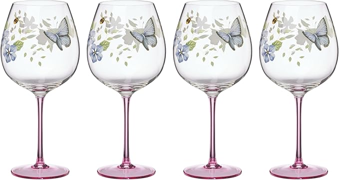 Lenox Glassware, Butterfly Meadow Pink Balloon Wine Glasses, Set of 4, Service For 4, Made From Glass, Dishwasher Safe, Drinking Glasses, Home And Kitchen, Glass Cups (Pink, 4 Pieces, 26 oz Capacity)