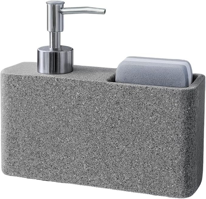 Havara Kitchen Soap Dispenser with Sponge Holder for Kitchen Sink, Hand Soap Pump & Kitchen Sink Organizer, Granite Resin Non-Slip Countertop Caddy, Stone Gray