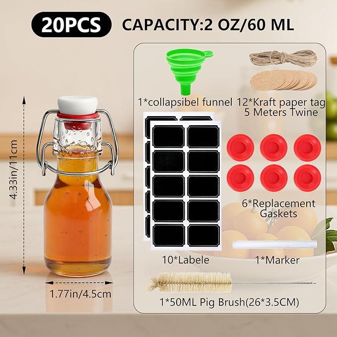 Ruckae 20 Pack 2oz Swing Top Glass Bottles,Flip Top Glass Bottle with Lids Sealable Kombucha Bottle for Brew Beer Syrup Vanilla Extract Air Tight Bottles for Gift (2 oz 20 pack)