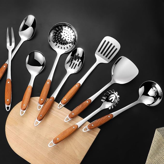304 Stainless Steel Cooking Utensils Set,9PCS Metal Kitchen Utensils Set with Wooden Handle,Solid Spoon,Spatula,Ladle,Skimmer,Spaghetti Spoon,Dishwasher Safe