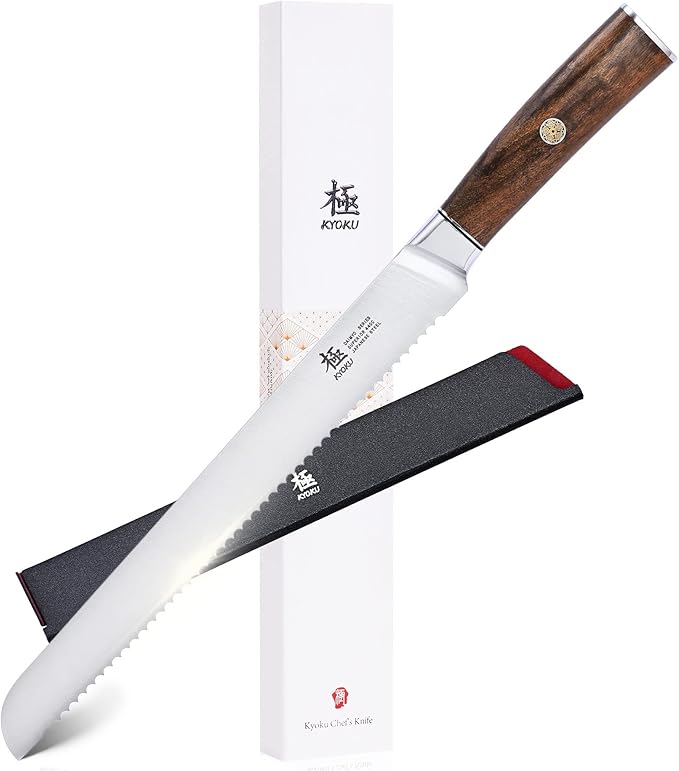 KYOKU 10 Inch Bread Knife - Daimyo Series - Serrated Knife with Ergonomic Rosewood Handle, and Mosaic Pin - Japanese Style 440C Stainless Steel Bread Cutter with Sheath and Case