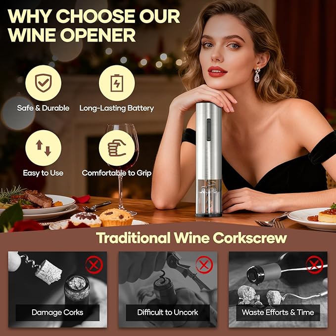 Electric Wine Opener,Rechargeable Automatic Wine Opener Corkscrew Opener Set With Wine Stopper, Foil Cutter, Wine Aerator,Storage Base & USB-C Cable Christmas Gifts for Wine Lovers