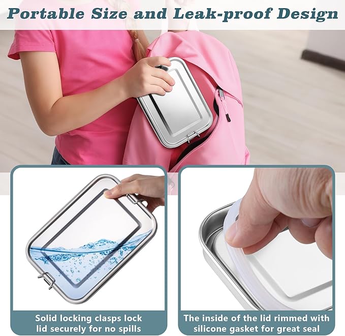 TeamFar Stainless Steel Bento Box, 3 Pack (16, 28 & 47oz) Metal Lunch Box with 3 Compartments for Adults Kids, Lunch Food Containers for School/Work/Meal Prep, Leak-Proof, 550ML+850ml+1400ML