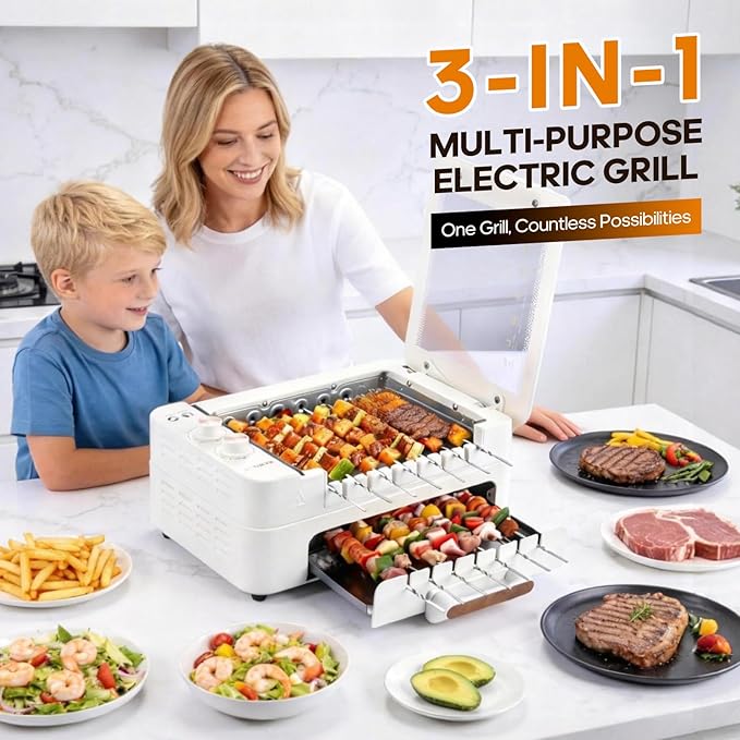 3-IN-1 Skewer Electric Indoor Grill - 1000W Electric Grill with 360° Auto-Rotating, Smokeless Indoor Grill with 3 Cooking Modes, Temperature Adjustable, Removable Tempered Glass Lid