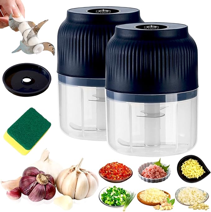 2026 Upgraded Household Electric Garlic Crusher, Capacity Electric Garlic Chopper, Mini Portable Veggie Cutter, 4 Sharp Stainless Steel Blades Mini Electric Food Chopper, Easy to Clean (Blue-2pcs)