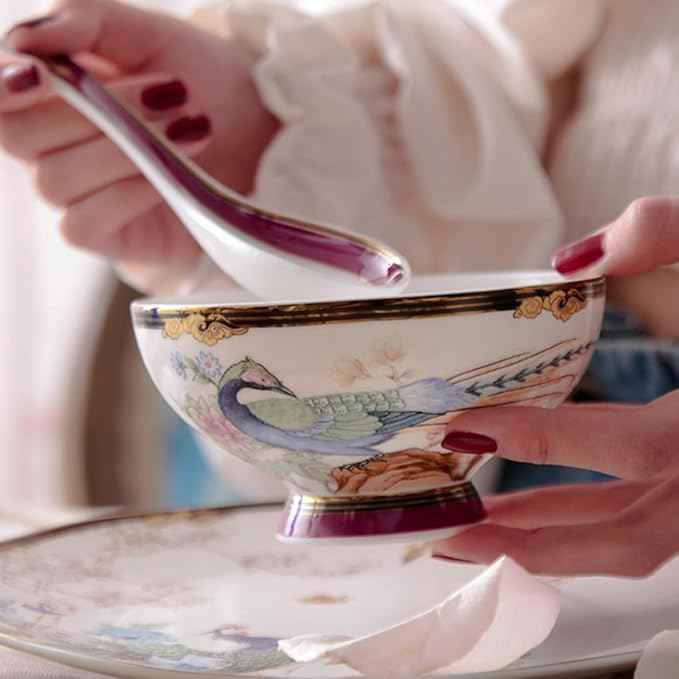 ACMLIFE Bone China Dinnerware Set, Porcelain Dinnerware Sets for 4, Vintage Floral China Dinnerware Set, Light Blue 12 Piece China Set Lightweight Bone China Dinner Sets Plates and Bowls Set (Red)