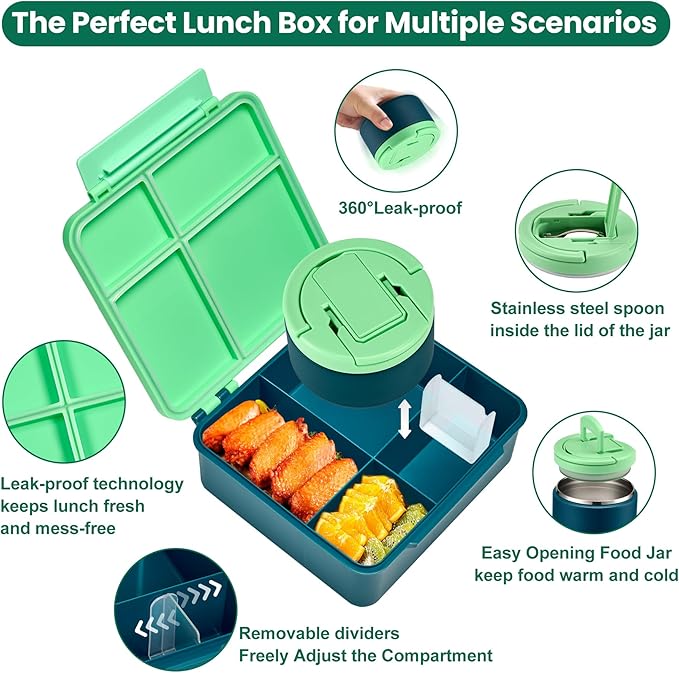 Bento Lunch Box for Kids with 8oz Soup Thermo,Kids Leakproof Lunch Food Containers with 4 Compartment,Kid Insulated Thermo Hot Food Jar for School,Trvael-Green