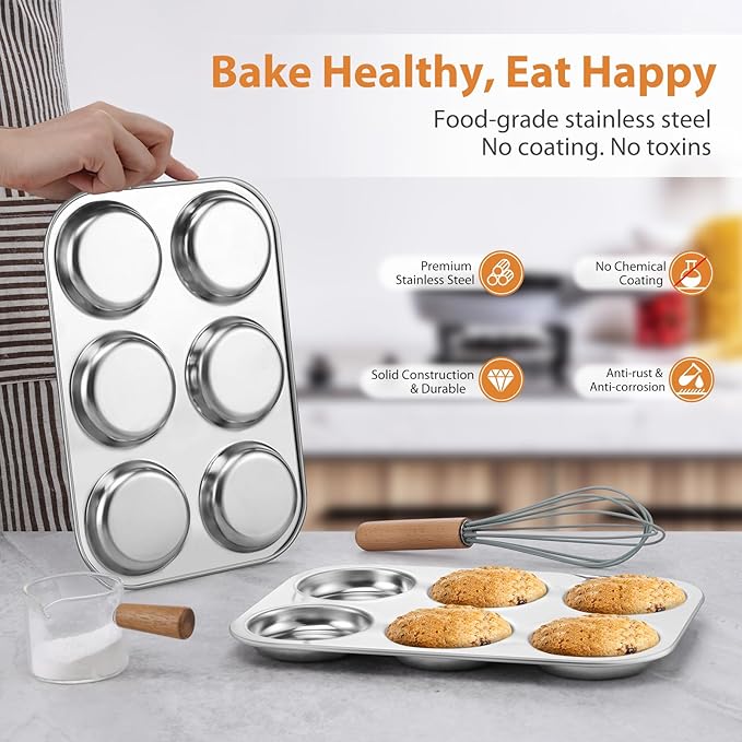 E-far Muffin Top Pan Set of 2, Stainless Steel 6-Cavity Shallow Cupcake Pan for Baking Whoopie Pie, Yorkshire Pudding, Eggs, Cornbread, Drop Cookies, Non-toxic & Standard Size, Oven & Dishwasher Safe