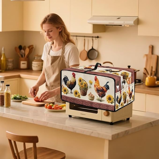 Air Fryer Toaster Oven Dust Cover Washable Convection Oven Cover Farmhouse Kitchen Appliance Protector Decorations Countertop Accessories, L, Rooster Chicken Eggs Sunflower