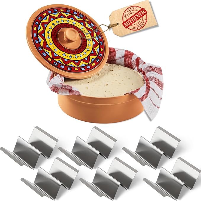 Large Tortilla Warmer w Taco Holder Set of 6 Stainless Steel, Taco Bar Serving Set for A Party - Taco Party Supplies Taco Kit, Taco Night Accessories Essential Bundle - Complete Taco Tuesday Solution