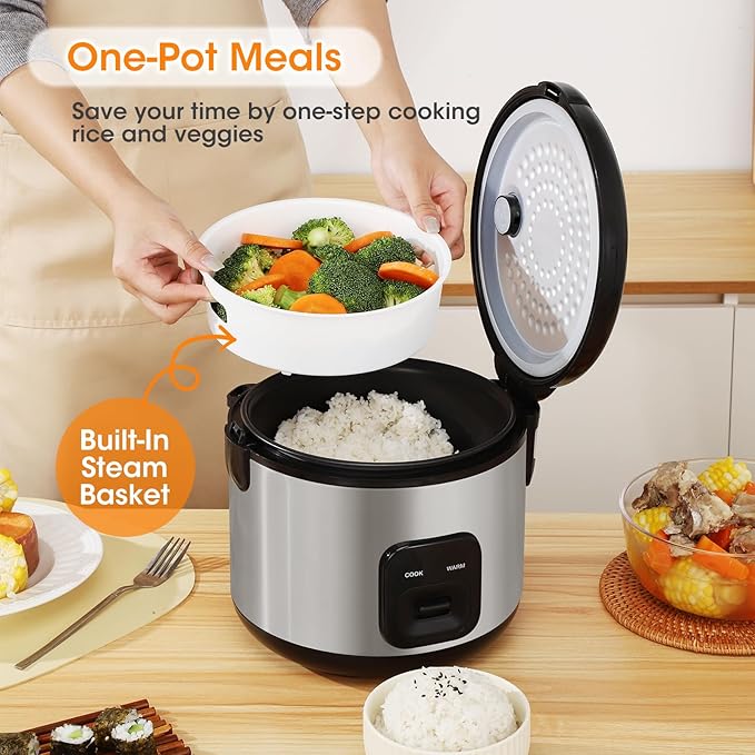 Rice Cooker & Steamer Simple 6 Cup(Uncooked)/12 Cup (Cooked)With Steaming Basket,Compact Electric Rice Cooker Non-Stick Inner Pot For Soups,Stews,Grains&Oatmeal,One Touch & Keep Warm Function