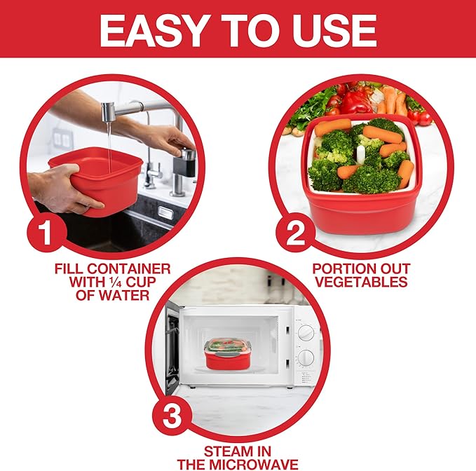 3pc Microwave Cookware Vegetable Steamers (2 pack)- Reusable Meal Prep Food Containers, Store Leftovers-Removable Strainer & Locking Steam Vent Lid- BPA Free, Fridge and Freezer Safe | 1.3 Liters
