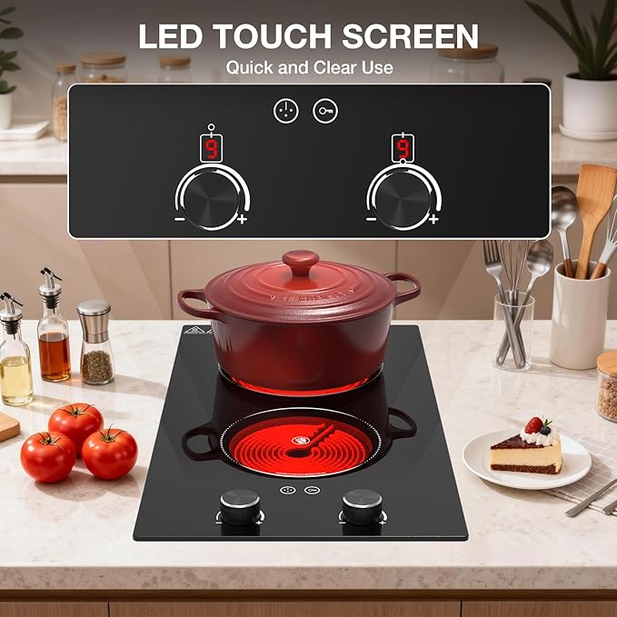 2100W Electric Cooktop 2 Burner: Electric Stove 110v-120v Hot Plate, Knob Control Countertop & Built-in Ceramic Cooktop 9 Power Levels, Child Lock, Timer, Suitable for all Pans