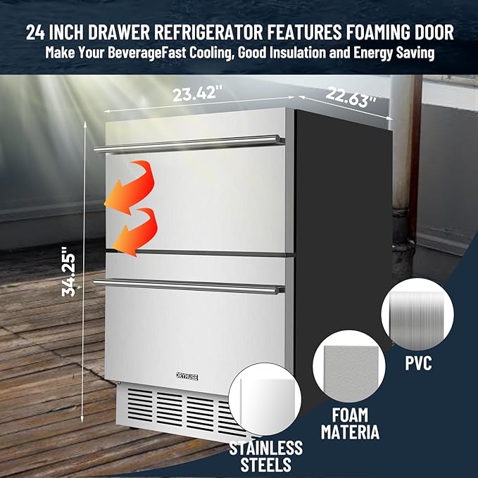 ORYMUSE Outdoor Drawer Refrigerator, 24 Inch Undercounter Beverage Cooler Fridge with Stainless Steel Seamless Door Can Hold 154 Cans w/Powerful Cooling Compressor for Kitchen and Commercial