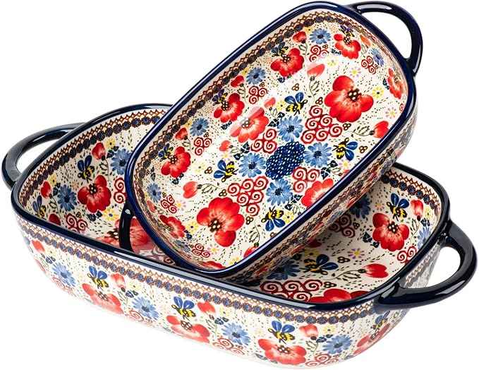 Baking Dish Ceramic Baking Pan Blue Casserole Dish Porcelain rectangular Baking Set 2pcs Bakeware Sets Single Serving Size Lasagna Pan Baking Dishes for oven(Honey Flower)
