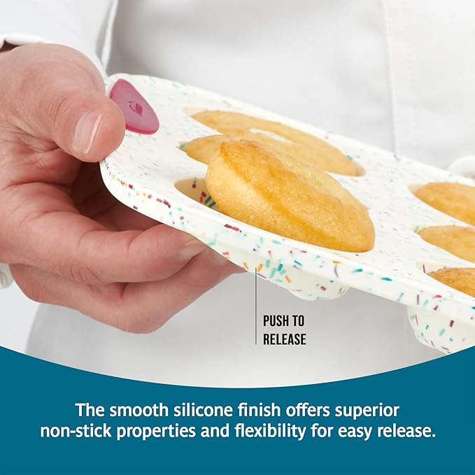Trudeau 12-Cavity Donut Pan – Nonstick Baking Mold for Homemade Donuts, White Confetti/Fuchsia – Easy Release, Dishwasher Safe