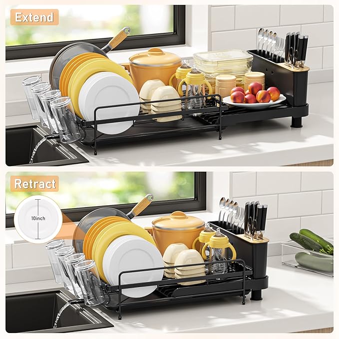 Large Dish Drying Rack, Multifunctional Dish Rack for Kitchen Counter, Expandable Dish Drainers with Drainboard Utensil Holder, Cup Holder, Black