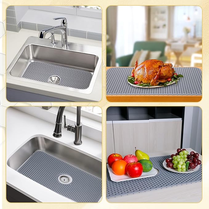 Bestjing Silicone Sink Protectors for Kitchen Sink with Center Drain, 26'' x 14'' Kitchen Protector Accessory, Non-Slip Grid Mat for Bottom of Farmhouse Porcelain Stainless Steel (Center Hole)