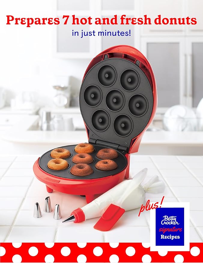 BETTY CROCKER Donut Maker, Mini Donut Maker with Nonstick Surface, Mini Donut Maker Machine with Cool Touch Handle & Makes 7 Delicious Fresh Donuts in Minutes, Red