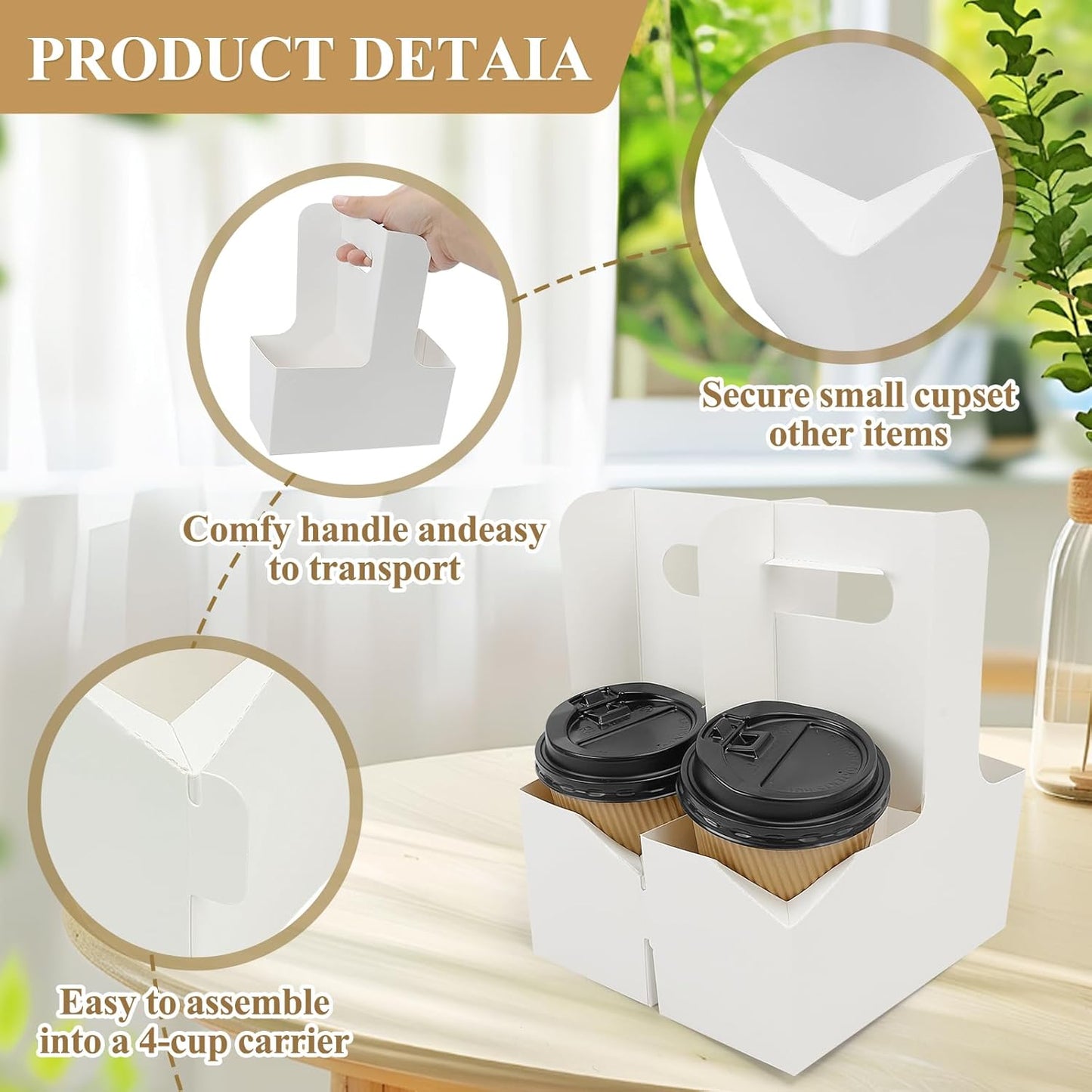 HFH Disposable 2-Cup Drink Carrier with Handle, Cardboard Cup Holder for Takeout, White (20P)