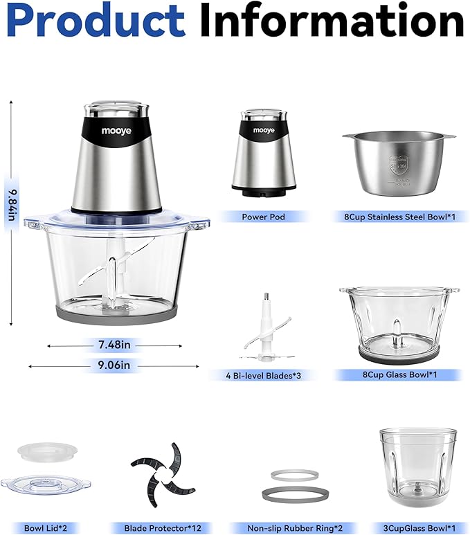 Food Processors Electric Food Chopper with Meat Grinder & Vegetable Chopper - 3 Bowls(8Cup+8Cup+3Cup) with Powerful Copper Motor - Includes 3 Sets of Bi-Level Blades for Fruits/Meat/Nuts