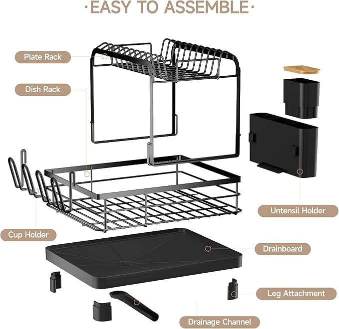Runnatal 2-Tier Dish Drying Rack, Large Dish Rack with Drainboard Set, Detachable 4-in-1 Large Capacity Dish Drainer Over The Sink Anti-Rust for Kitchen Counter, Black