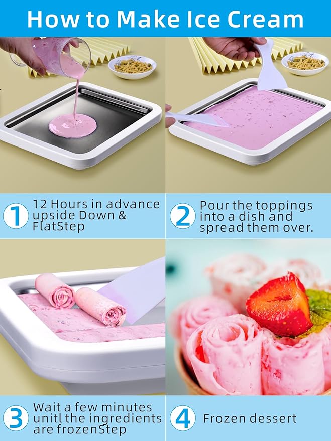 Rolled Ice Cream Maker with Lid, Instant Ice Cream Roller Tray with 2 Spatulas,316 Food Grade Premium Stainless Steel Roll Ice Cream Tray for Fun Family Activities, DIY Parent-Child Time