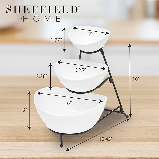 Sheffield Home 3 Tier Stoneware Large Serving Bowls Set with Metal Stand - Microwave & Dishwasher Safe Fruit Bowl & Chip and Dip Servings Set - Serving Dishes for Party, Kitchen & Side Dishes (White)