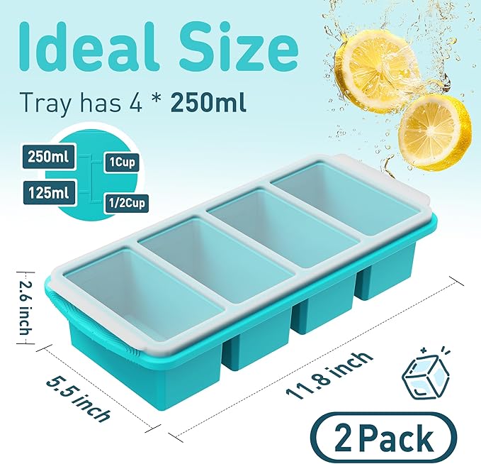 Silicone Freezer Tray With Lid Soup Freezer Container Molds with Steel Reinforced Rim Ice Cube Freezer Molds for Soup, Sauce, Leftovers, Homemade Meal Prep Containers Portion Control Food Storage