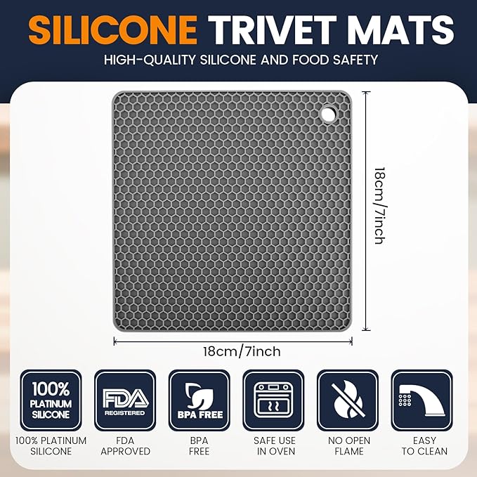 Silicone Trivet Mats 4 Heat Resistant Pot Holders Multipurpose Non-Slip Hot Pads for Kitchen Potholders, Drying mat, Jar Opener, Spoon Holder, Coaster.(Black Dark Gray)