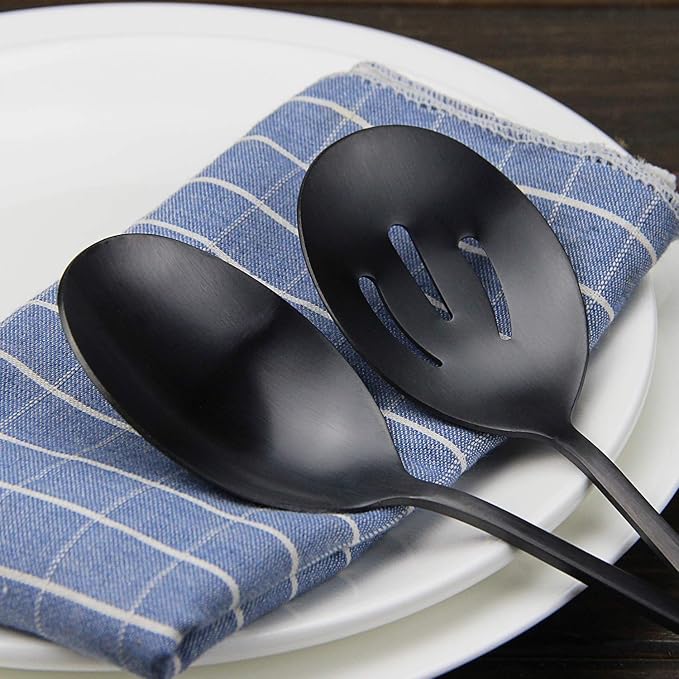 AOOSY Matte Black Serving Spoons Set,8.7-Inch Long Handle Slotted Spoons and Serving Spoons for Buffet, Banquet, Cooking, and Kitchen,2 Pieces