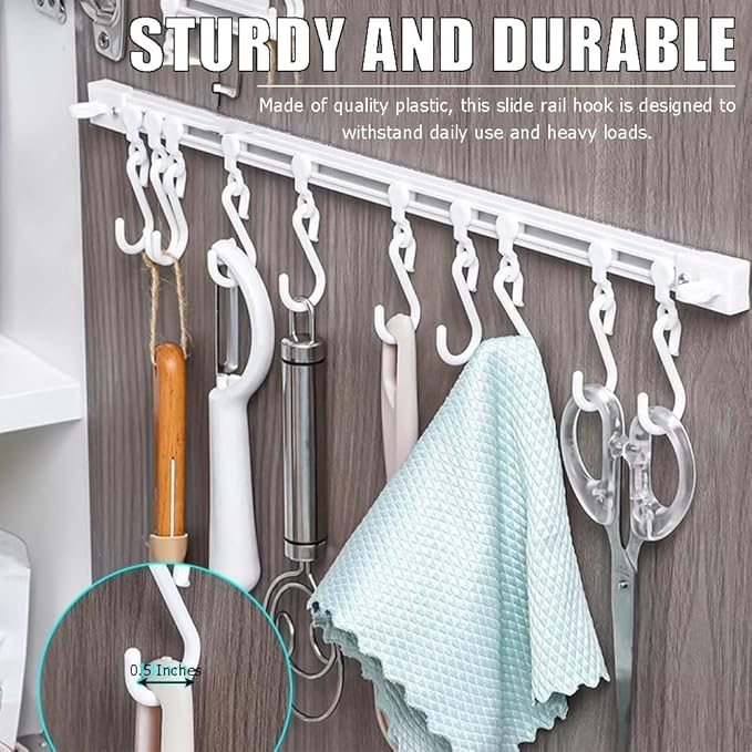Utility Slide Rail Hook,Under Cabinet Kitchen No Punching Hooks for Hanging Utensil,Bathroom Bedroom Office Wall Door Rack with 10 Hooks,15.7 and 11.8 Inches,2Pieces