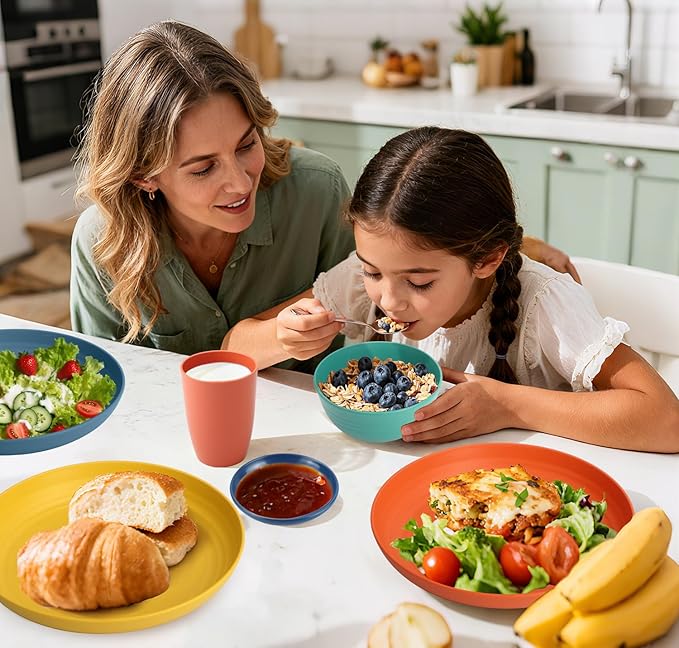 Wheat Straw Dinnerware Sets, Unbreakable Plates and Bowls Sets of 16, Kids Dinnerware Set Sevice for 4, Dishwasher & Microwave Safe Dish Set for Kitchen, Outdoor, Camping - Multi