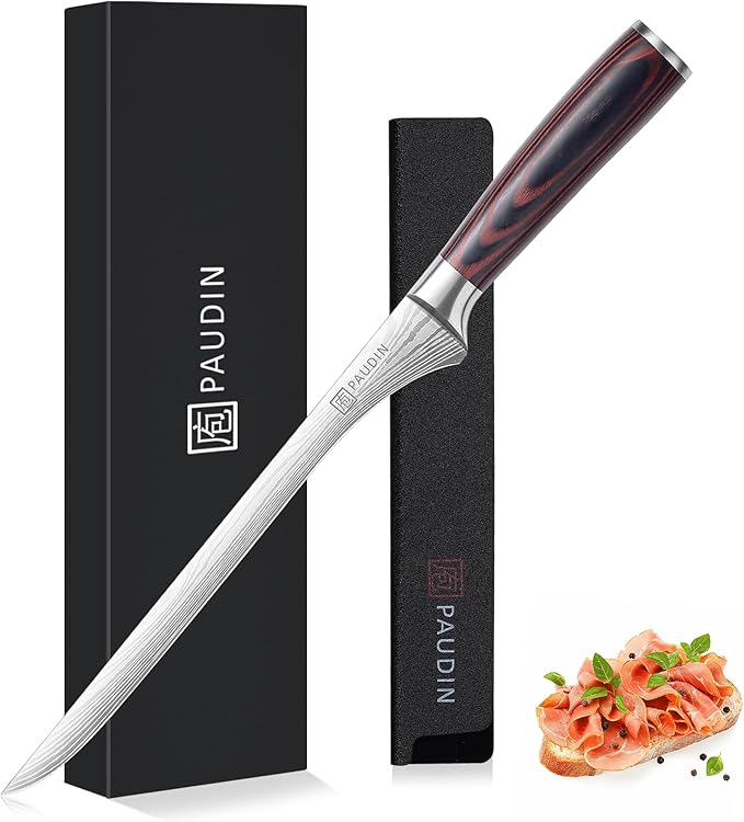 PAUDIN 10 Inch Ham Slicing Knife, Professional Carving Knife for Meat, High Carbon Stainless Steel, Ergonomic Pakkawood Handle with Sheath, Ultra Sharp Blade for Prosciutto/Jamon Serrano, Gift Box