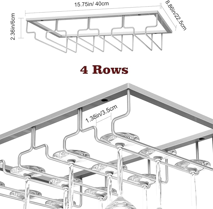 Nuovoware Wine Glass Rack, [2-Pack] Wine Glass Hanger Rack Under Cabinet Stemware Holder Storage Hanger for Bar Kitchen Cabinet (4 Rows), Silver