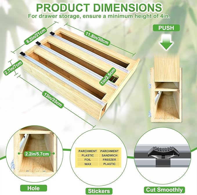 Magnetic Plastic Wrap Dispenser with Cutter, 3 in 1 Refrigerator Bamboo Organizer for Tin Foil, Baking Paper, Wax Paper Holder Kitchen Storage Box Compatible