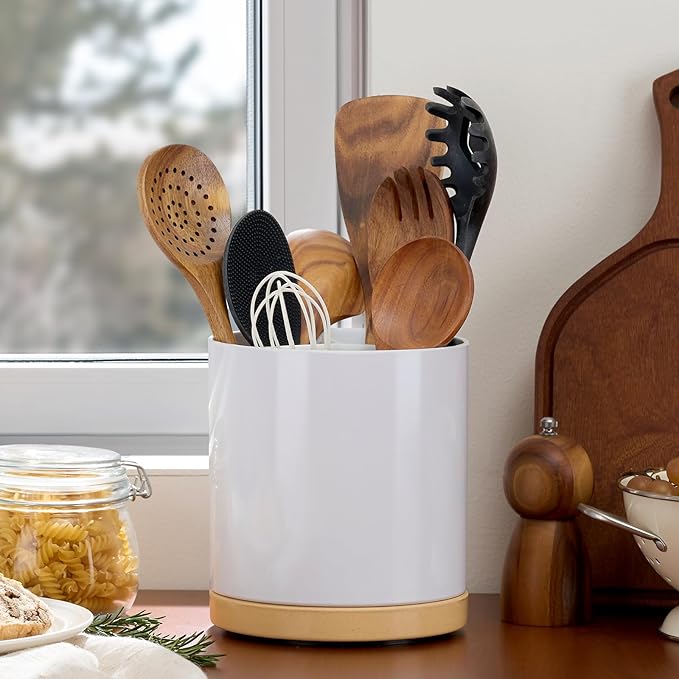 Extra Large Porcelain Like Kitchen Cooking Utensil Holder, 360° Rotating Utensil Crock, 7.2" Unbreakable for Countertop, for Farmhouse Kitchen Decor with Rotatable and Detachable Base