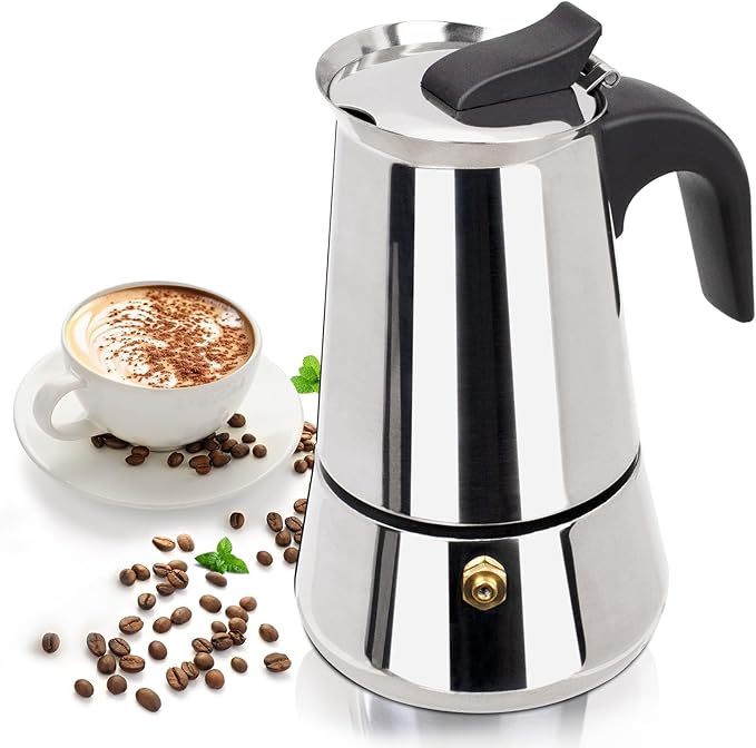 4 Cup 200ml Moka Pot Stainless Steel Espresso Coffee Maker Stovetop Coffeemaker Italian Classic Style Brewing Greca Cafe Mocha Machine for Cafeteras Lover Camping Travel and Home Use 6.6oz