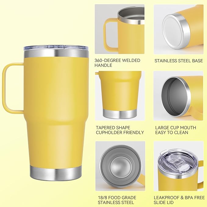 20 oz Stainless Steel Tumbler with Handle Metal Insulated Coffee Travel Mug with Handle Double Wall Tumbler Cup with Lid and Straw, Yellow 1 Pack