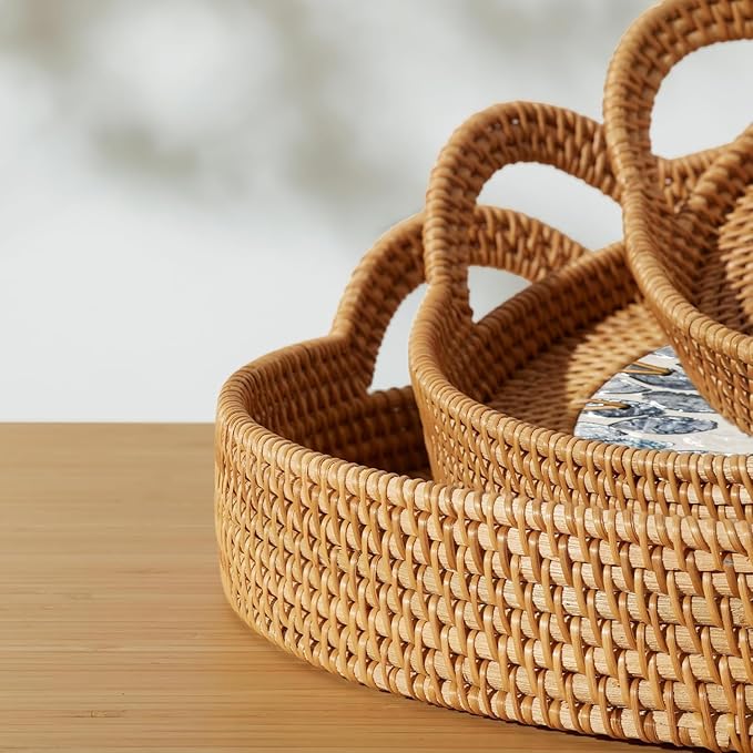 Round Rattan Tray Set (3-Piece) with Mother of Pearl Inlay & Wooden Base | Decorative Wicker Serving Basket | Storage for Coffee, Bread, Fruit | Table, Kitchen Island Decor