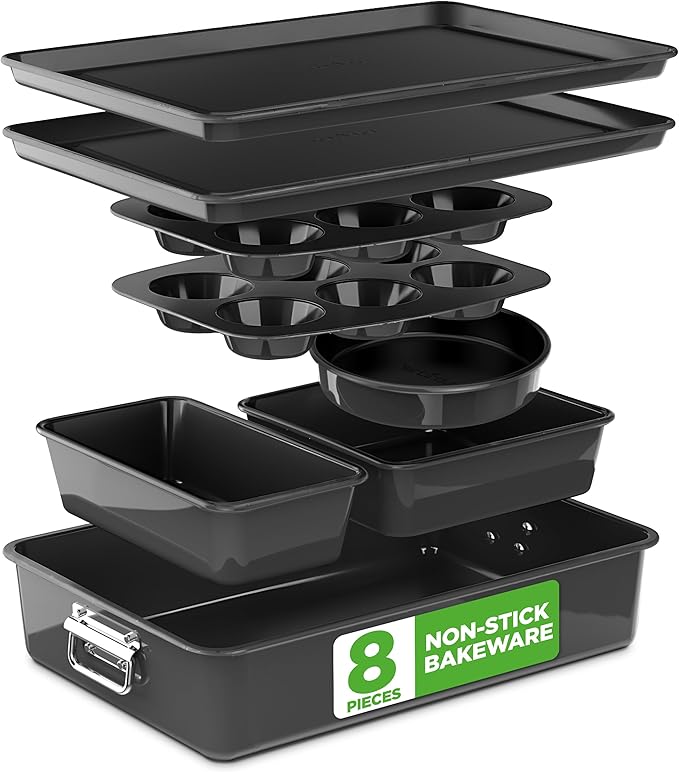 NutriChef 8 Piece Nonstick Bakeware Set | Carbon Steel Baking Pans for Oven | Includes Sheet Pan, Muffin, Loaf, Round and Square Cake Pan | Dishwasher Safe, Stackable Design Oven Safe up to 446°F