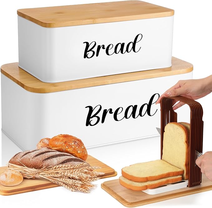 Teenyyou 2 Pcs Extra Large Bread Box with Slicer, Metal Farmhouse Bread Storage Container with Bamboo Cutting Board Lids Multi-size Breadbox Set for Kitchen Countertop (White)