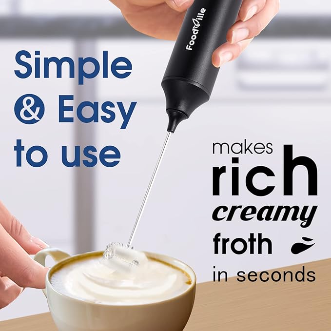 FoodVille MF05 Rechargeable Milk Frother USB Charging Handheld Foam Maker with Stainless Balloon Whisk for Cappuccino, Latte, Bulletproof Coffee, Keto Diet, Protein Powder, Matcha (Black)