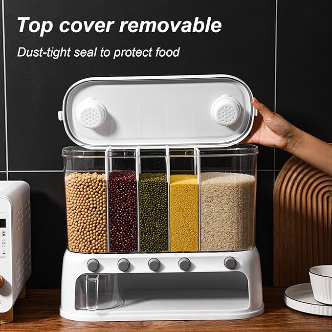 Yuehuam Dry Food Dispenser,12L Wall mounted 5 Grid Grain Dispenser 25 pounds Cereal and Rice Storage Container with Measuring Cup