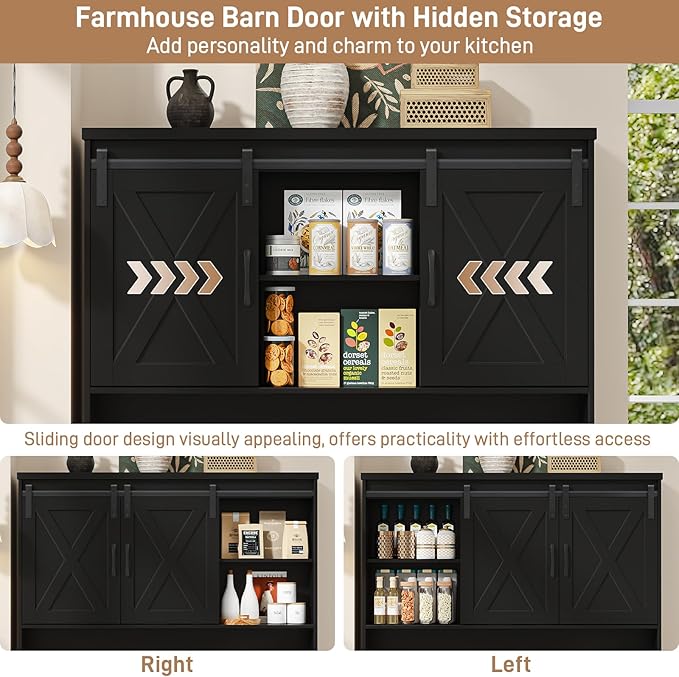 67.7 Inch Farmhouse Pantry Storage Cabinet with Sliding Barn Doors, 2 Drawer Farmhouse Coffee Cabinet with Adjustable Shelf, Side Board with Buffet Cupboard for Livingroom Kitchen, Black