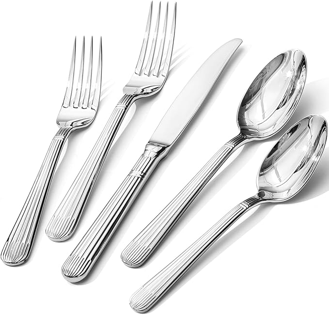 KINGSTONE 20-Piece Silverware Set, 18/10 Stainless Steel Flatware Set - Luxury Elegant Striped Cutlery with Dishwasher Safe, Durable for Family Dining, Catering, Weddings, Anniversaries Gift