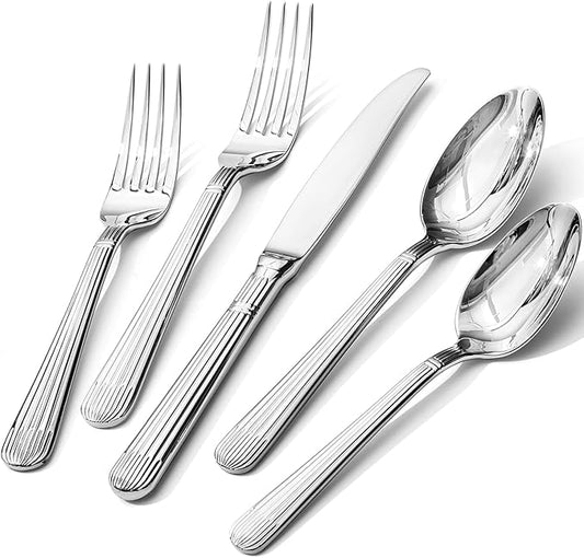 KINGSTONE 20-Piece Silverware Set, 18/10 Stainless Steel Flatware Set - Luxury Elegant Striped Cutlery with Dishwasher Safe, Durable for Family Dining, Catering, Weddings, Anniversaries Gift