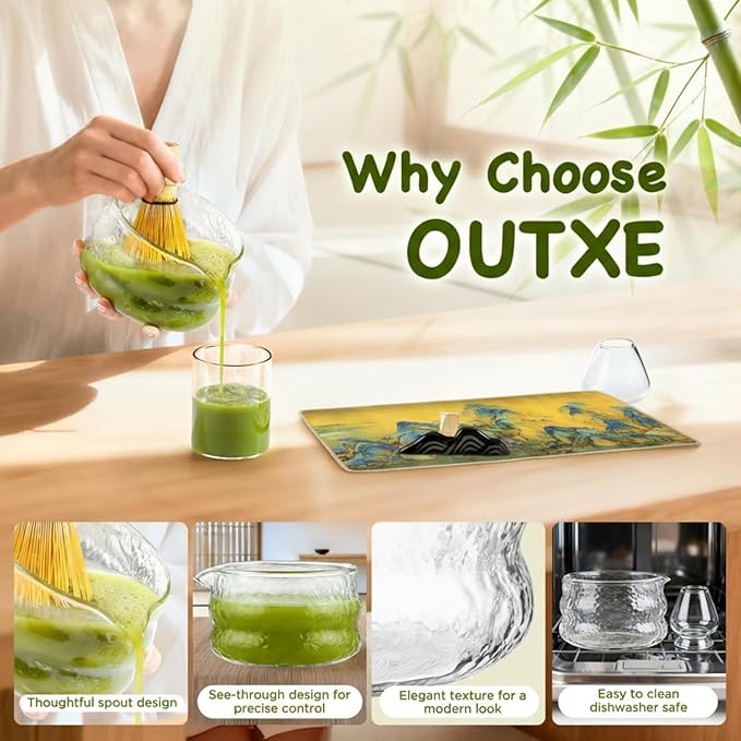 OUTXE Matcha Whisk Set, 7 PCS Matcha Kit for Ceremony, with Clear Matcha Bowl, Spout, Bamboo Whisk& Holder, Stainless Steel Sifter, Japanese Ceremonial Gift for Family/Friend/Macha Lover Starter